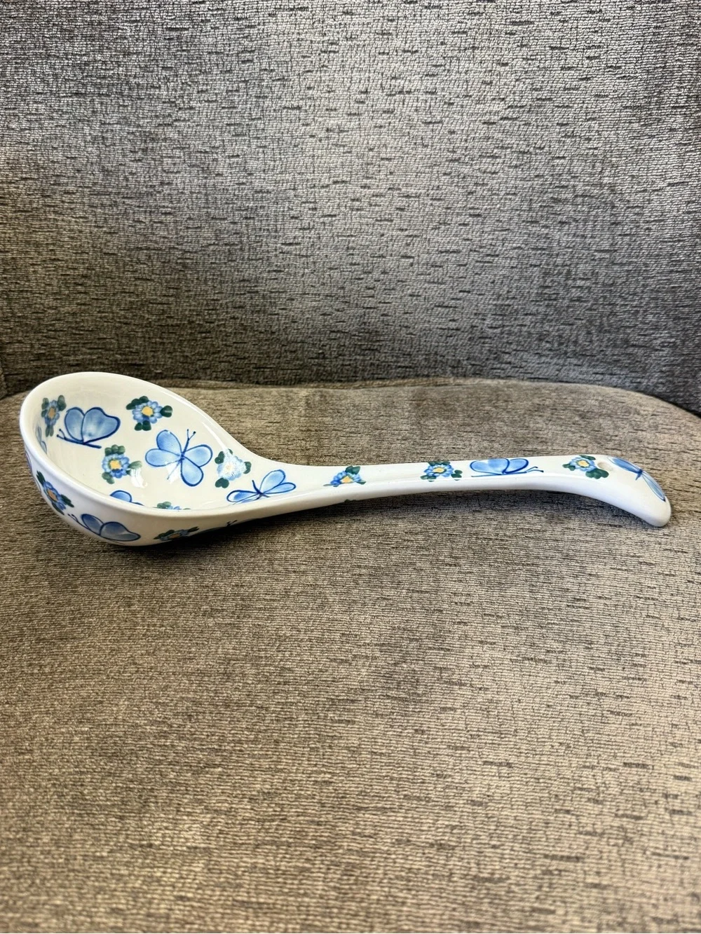 Polish Pottery Blue Butterfly & Floral Ceramic Large Ladle Signed A. Beszayi.